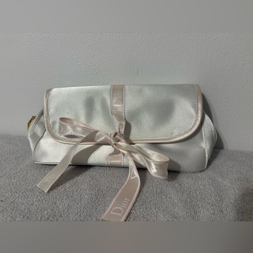 Dior White Satin Cosmetic Bag with Pink Ribbon